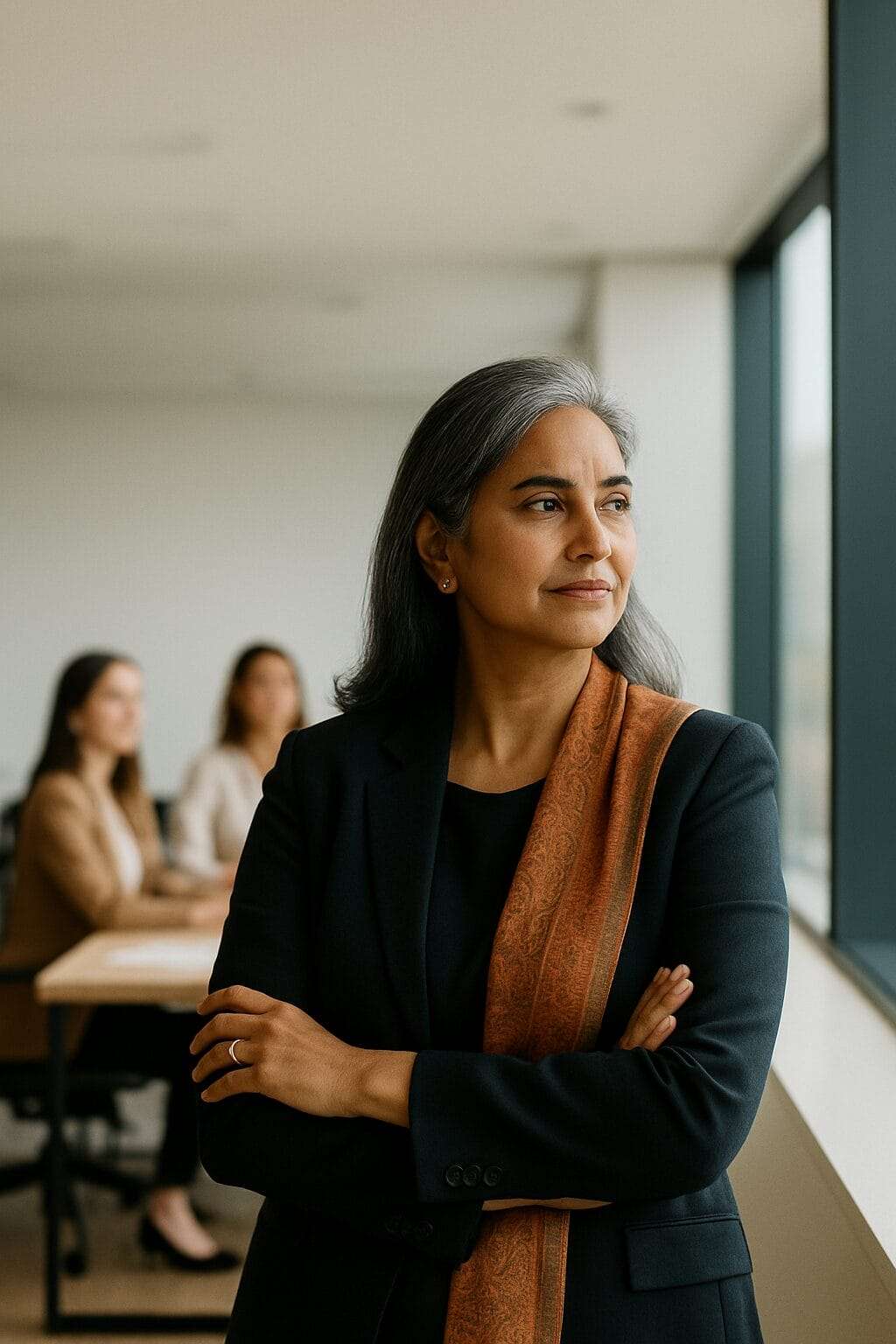 A confident Indian woman in her late 40s stands near a window in a modern office, with younger colleagues blurred in the background