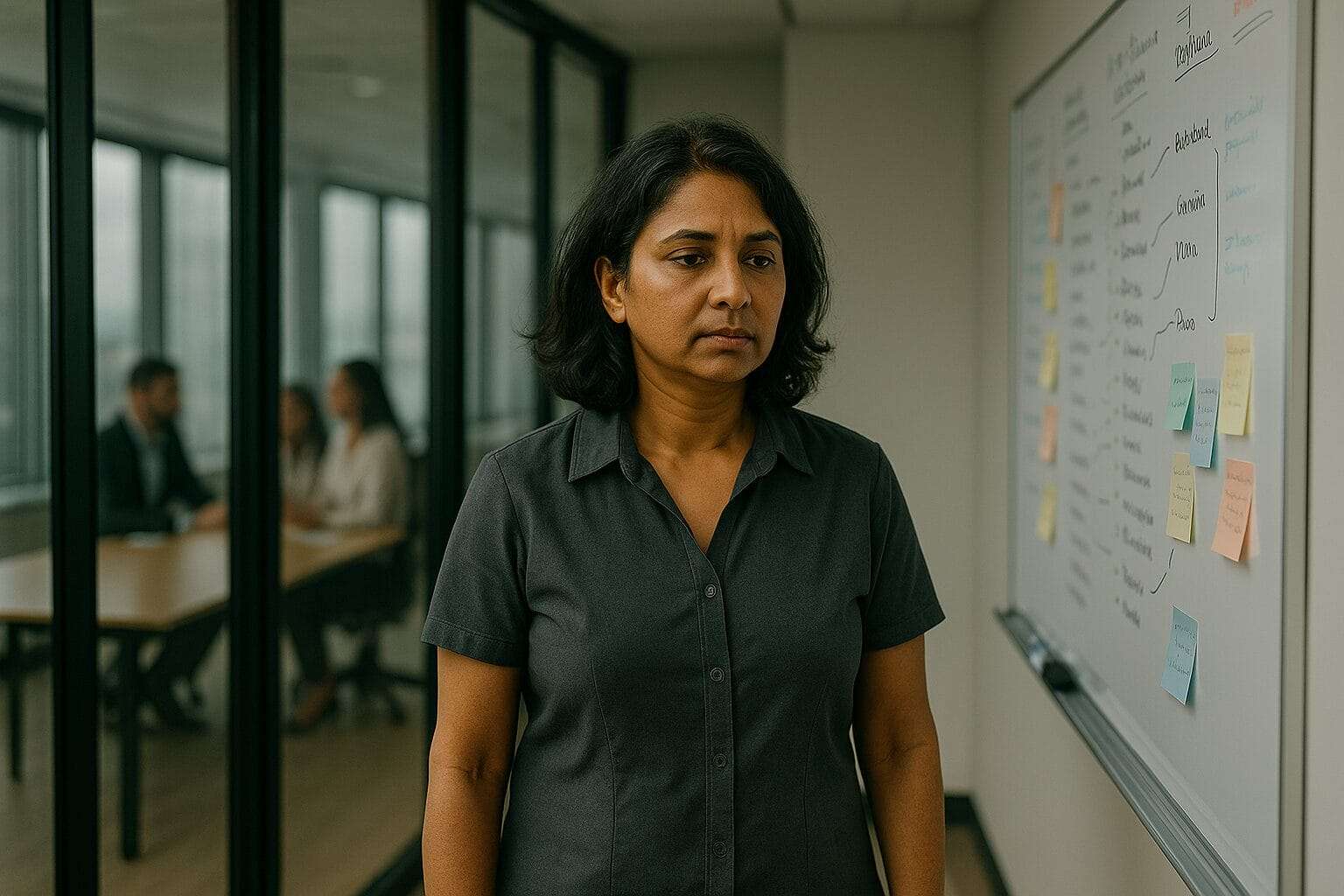 Mid-40s Indian woman alone in a glass office with a whiteboard covered in tasks