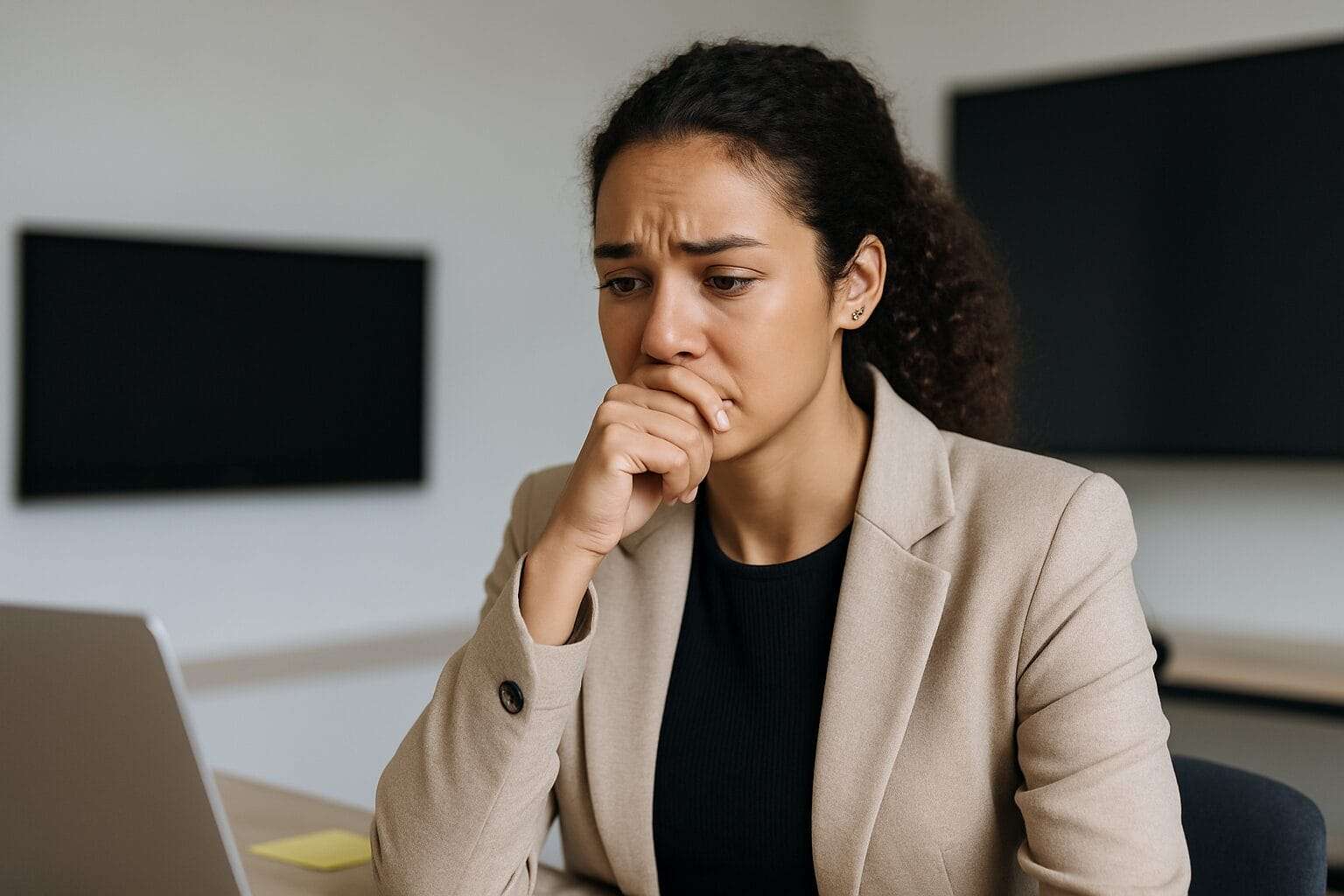 A mixed-ethnicity woman in professional attire sits in a conference room, visibly distressed as she stares at her laptop. Her hand covers her mouth as if holding back emotion, symbolizing the shock and internal conflict of a high-functioning woman blindsided by betrayal.