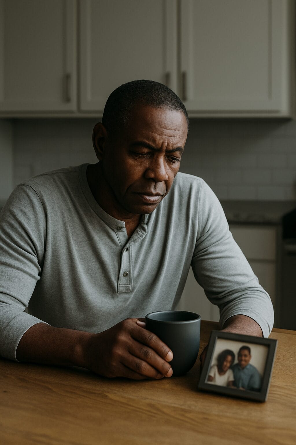 A middle-aged Black man sits at a wooden kitchen table, holding a dark mug and gazing somberly at a framed family photo beside him, conveying emotional distance and inner conflict.