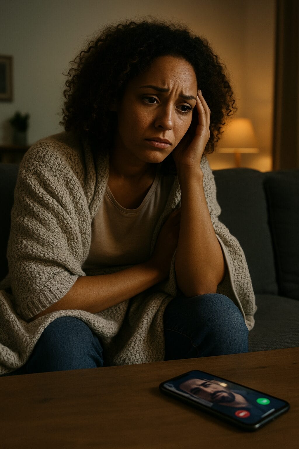 A young Black woman sits on a couch in a dimly lit living room, wrapped in a textured blanket, visibly distressed. On the coffee table in front of her, a phone shows an incoming call from a man whose face appears on the screen—she doesn’t answer.