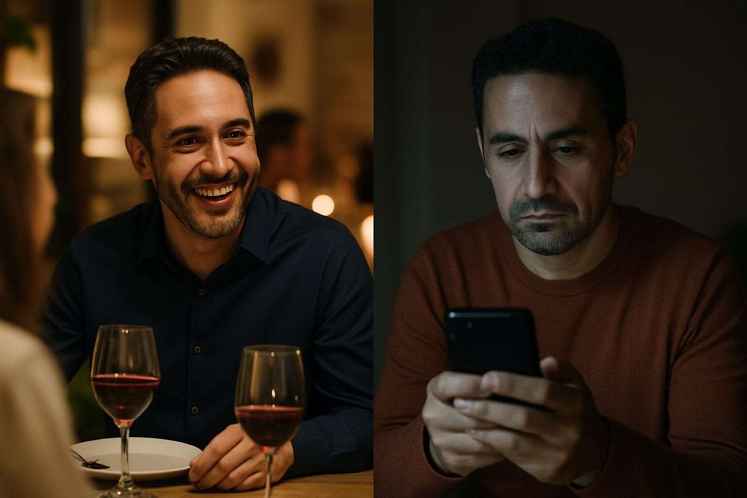 A diptych featuring a Latino man. On the left, he’s laughing confidently at a dinner party. On the right, he sits alone in dim light, staring blankly at his phone—revealing the contrast between his public charm and private emotional detachment.