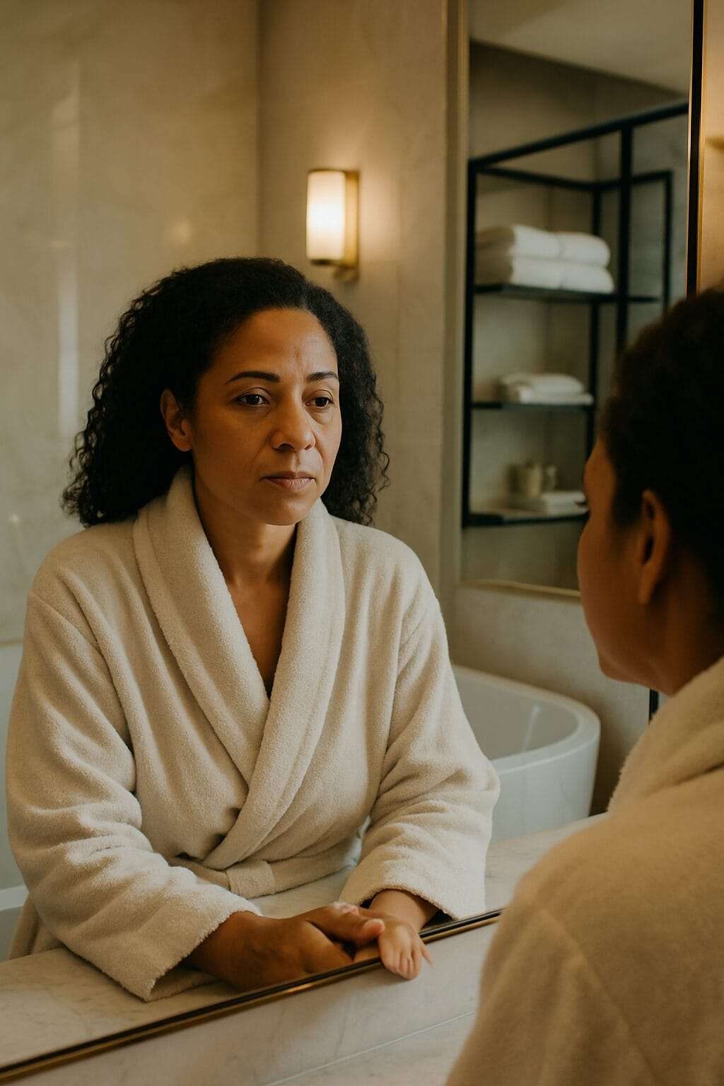 A middle-aged Black woman in a soft white robe stands in a luxurious bathroom, looking into the mirror with a calm, steady expression. Her posture and the elegant surroundings convey reflection, clarity, and the quiet strength of emotional recovery.