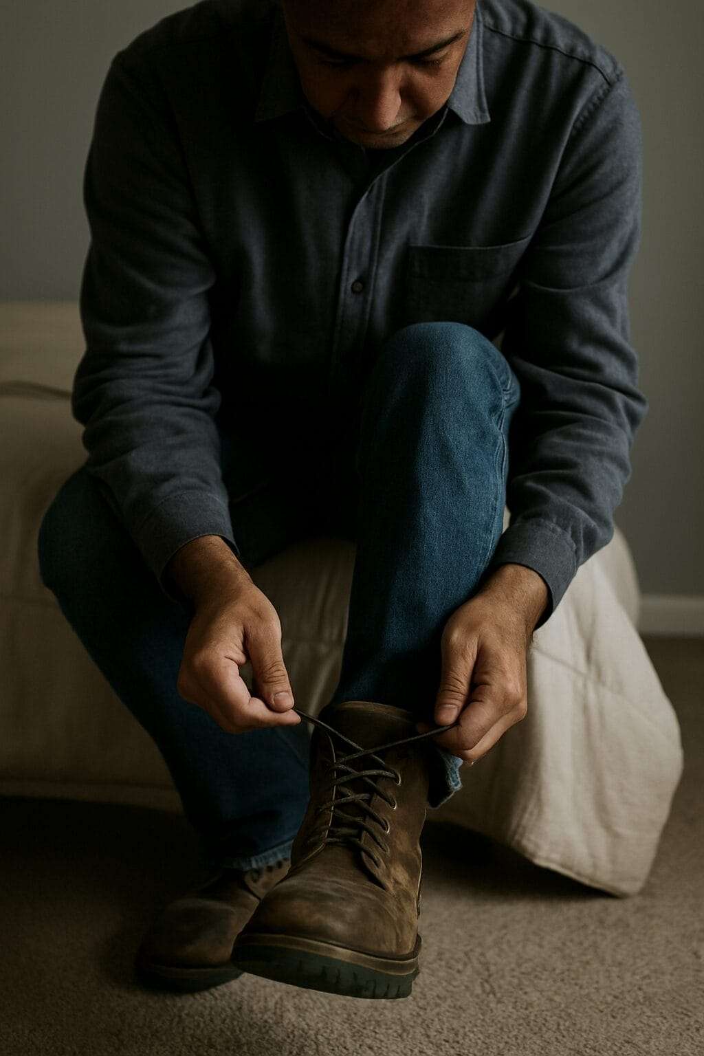 Man’s hands tying worn work boot, showing the weight of daily performance.