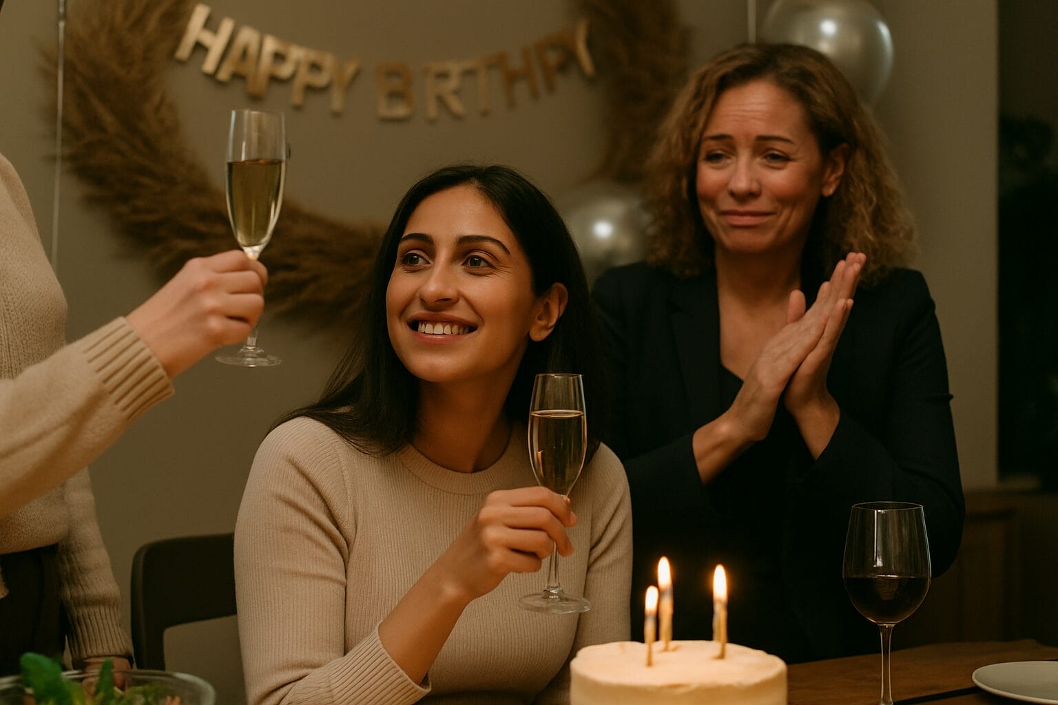 A South Asian woman smiles during a toast while an older multiracial woman claps with a strained expression in the background.
