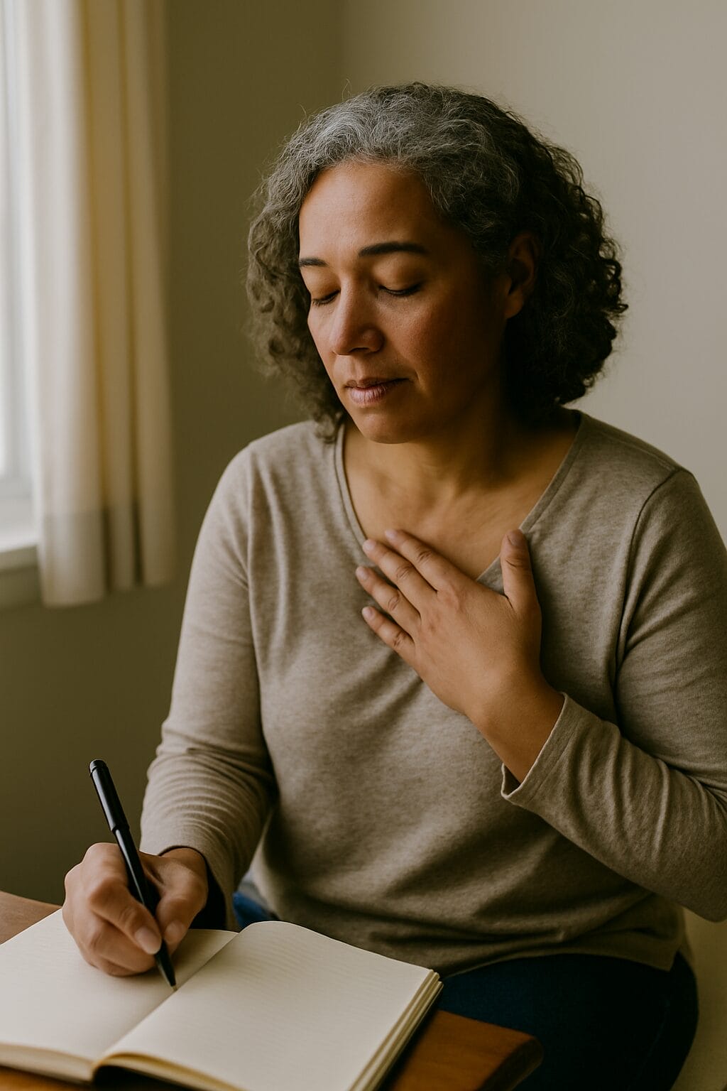 A middle-aged woman with light brown skin sits by a sunlit window, journaling with her hand paused on her chest, appearing thoughtful and grounded.