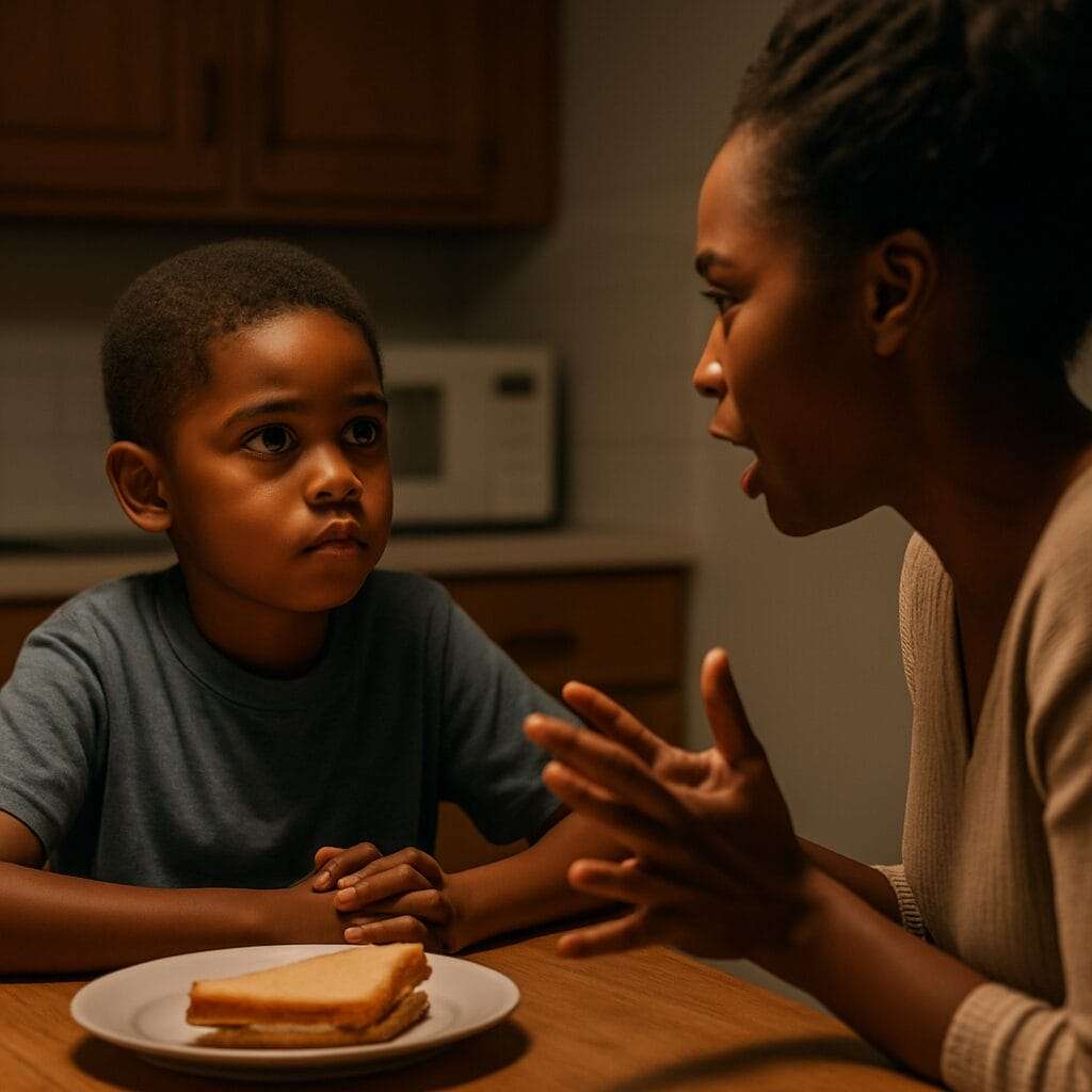 A young Black boy sits at a kitchen table late at night, listening intently to his mother speak. He looks serious and mature beyond his years, symbolizing the emotional burden placed on him.