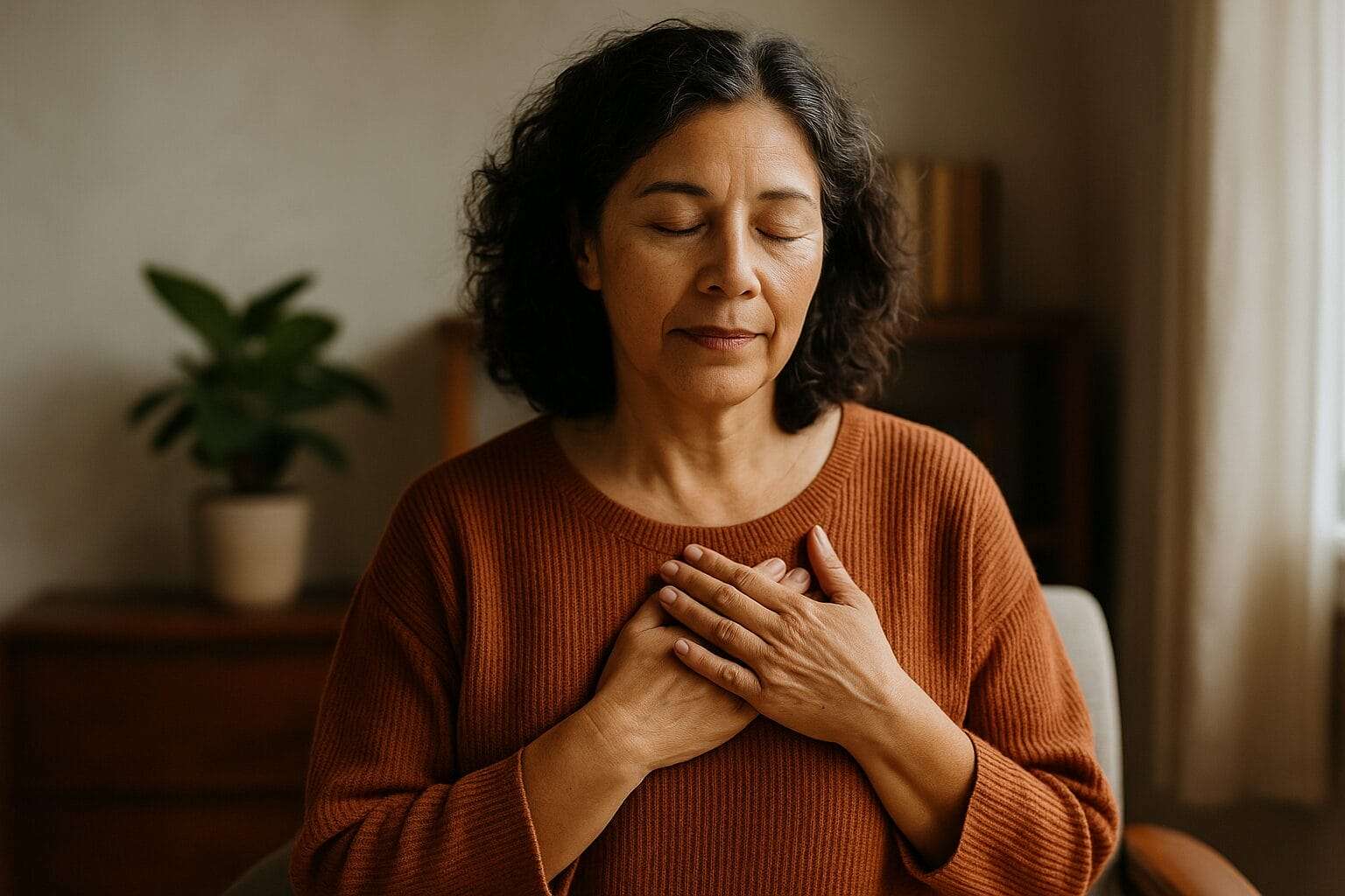 : A serene middle-aged Latina woman with shoulder-length dark hair and a burnt-orange sweater sits with her hands over her heart, eyes closed in quiet reflection.