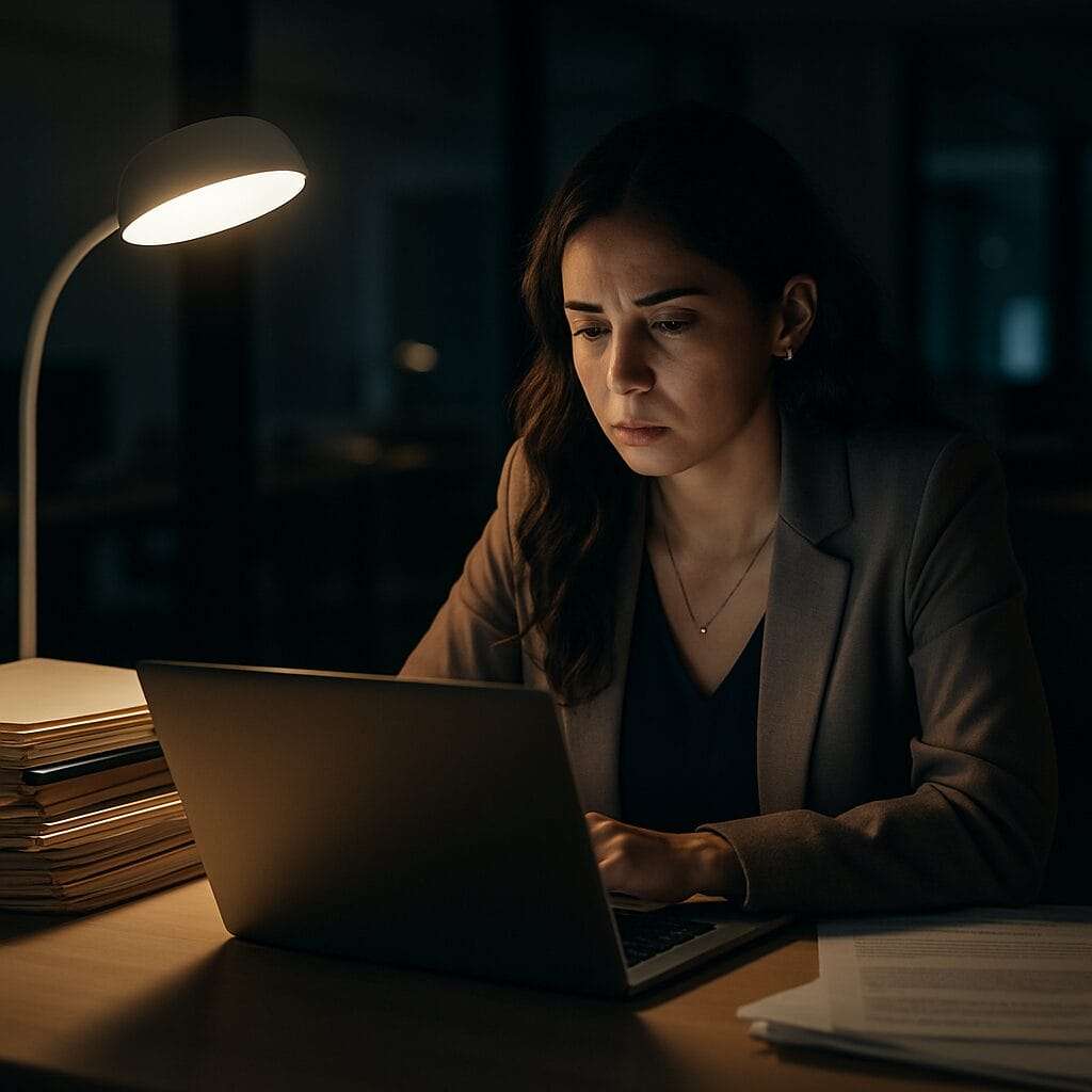 A young professional Latina woman (late 20s–early 30s) sitting alone at her office desk late at night. Office lights mostly off except her lamp. She’s surrounded by files or a laptop — posture says she’s doing more while everyone else went home. Not desperate — just quietly overworking.