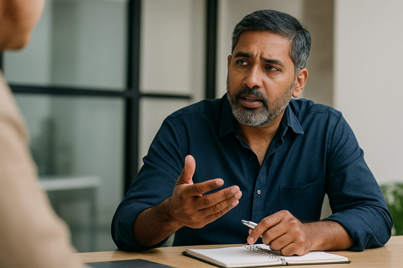 South Asian man in his late 40s seated at a table, mid-conversation, gesturing with one hand while holding a pen and notebook, in a thoughtful meeting moment.
