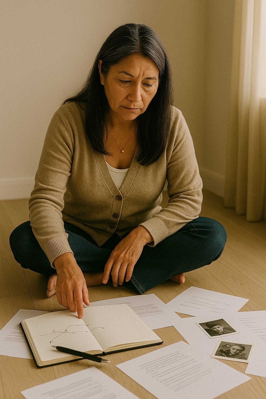 Indigenous sitting cross-legged on the floor, papers spread around her—some with timeline sketches, arrows, old photos. Light coming in from the side.