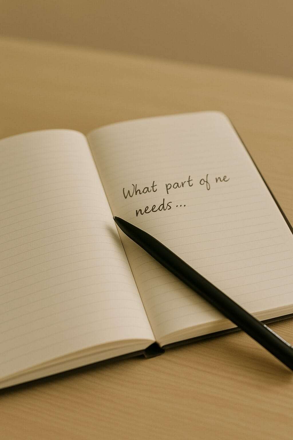 A minimalist journal open on a table, pen resting inside. One page has a question half-written: “What part of me needs…”—the sentence is unfinished. Warm, natural lighting.
