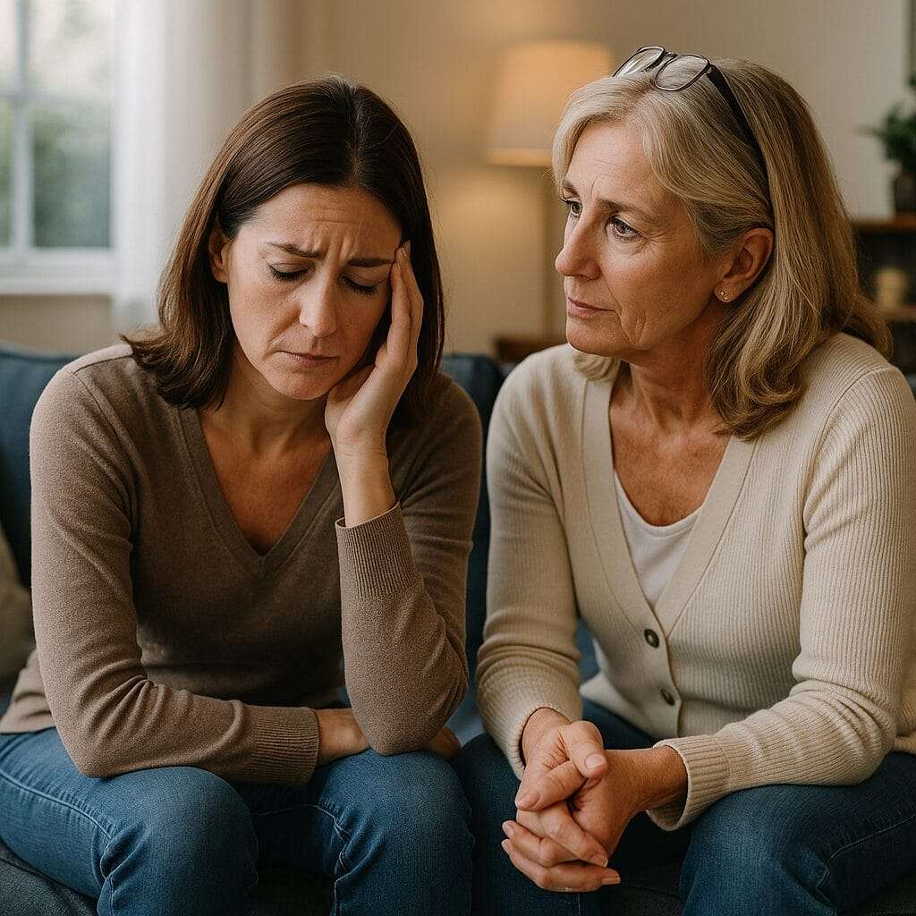 Two women sitting on a couch, one appearing emotional and the other offering support in a warm living room