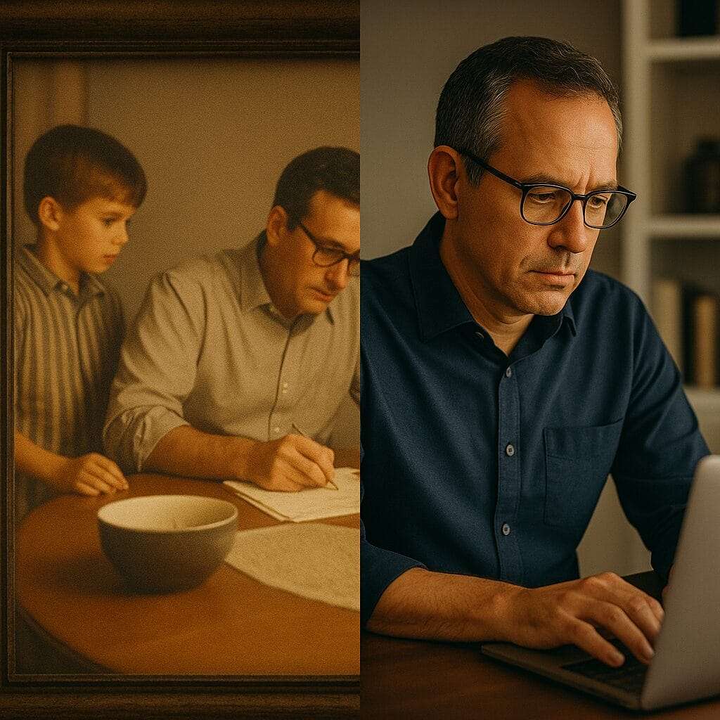 Blended image: vintage photo of child watching parent working late at dinner table, next to same adult today in an office, echoing the same posture.