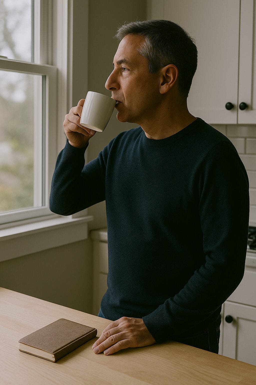 A middle-aged man with short graying hair stands in a kitchen with a coffee mug, gazing out the window. A worn notebook sits nearby on the counter, symbolizing reflection.