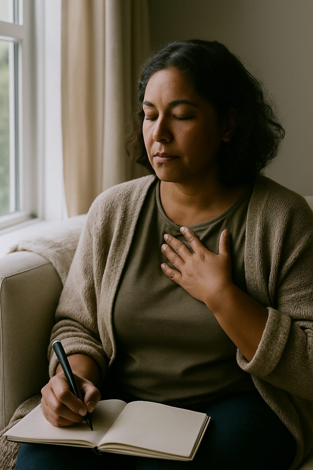 middle-aged woman with medium skin and wavy dark hair journals quietly beside a window, one hand over her heart, appearing grounded and reflective.