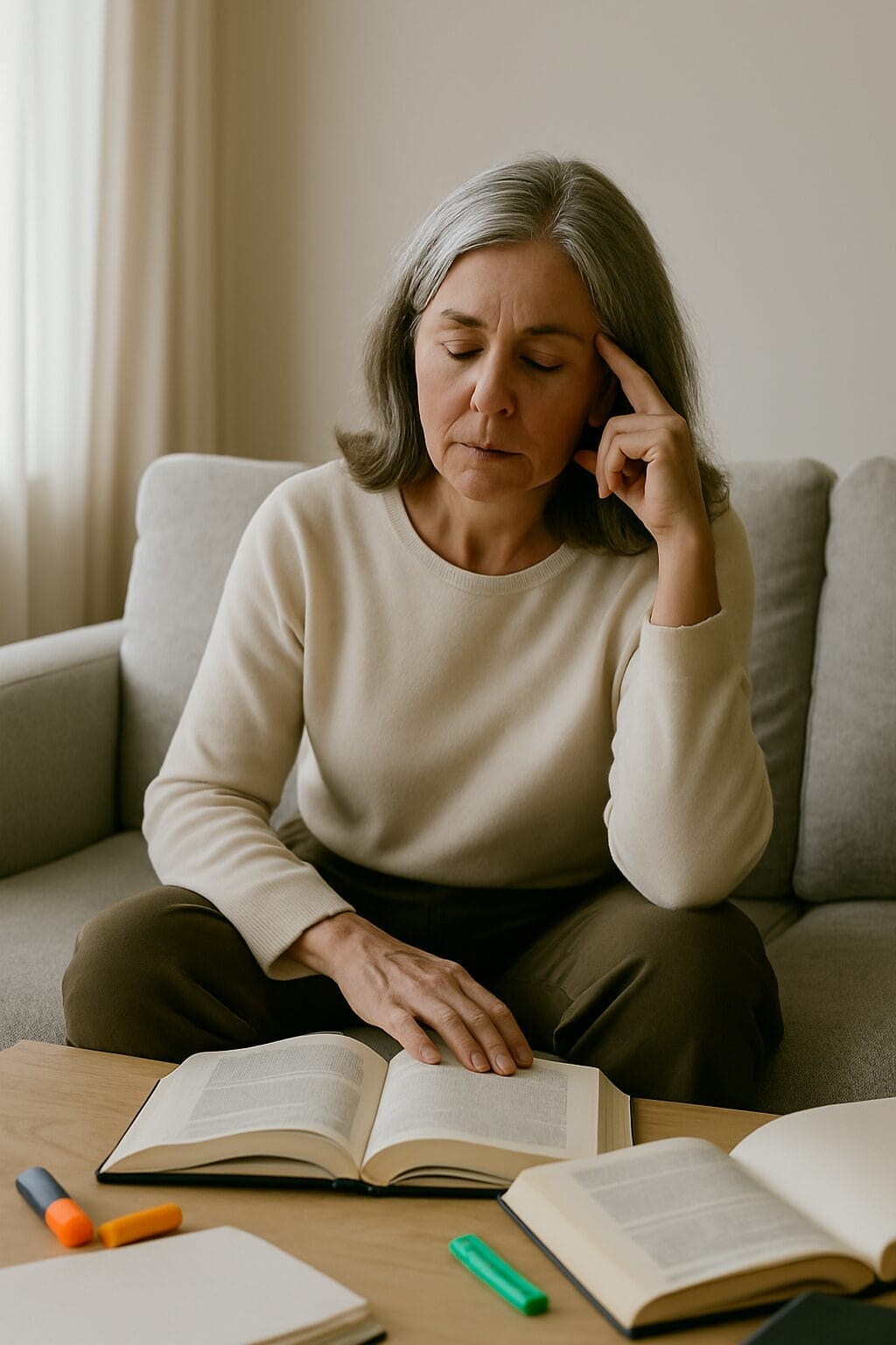 A middle-aged Caucasian woman sits cross-legged on a sofa surrounded by open books and highlighters, pausing mid-sentence with a furrowed brow.