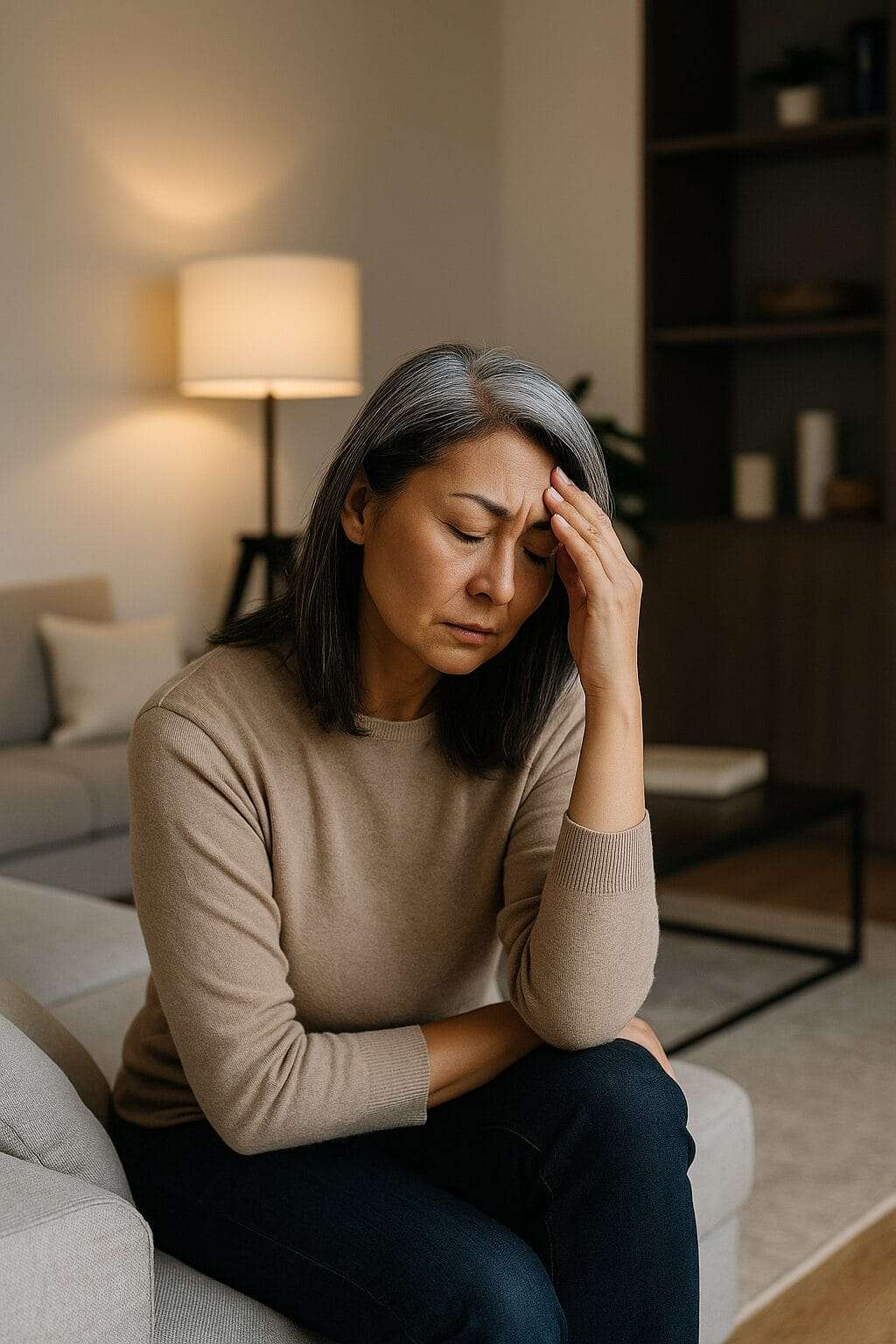 A contemplative Asian woman in her early 50s sits in a modern luxury living room, resting her head on her hand, wearing a beige sweater and dark jeans. She appears quietly reflective, surrounded by soft light and minimalist decor.