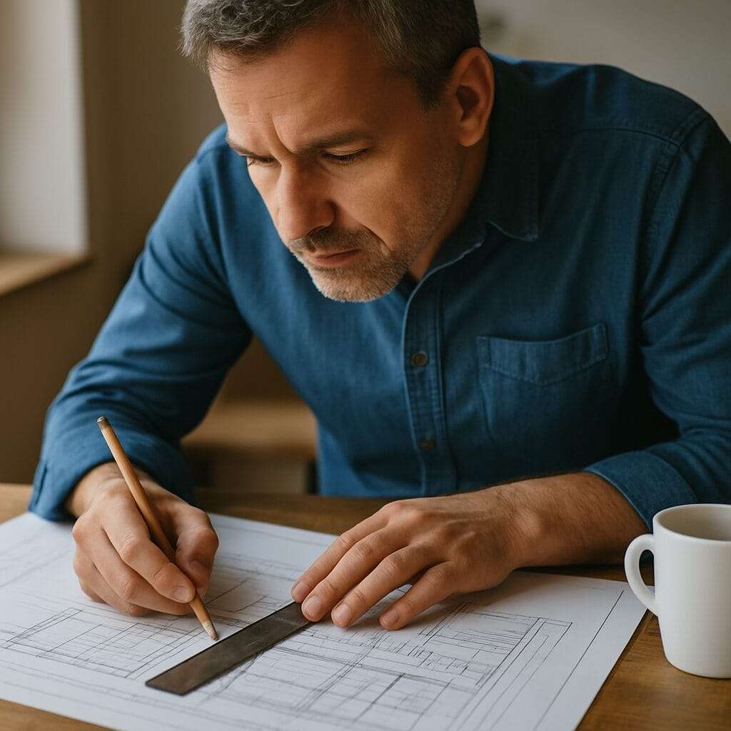 A focused man in his 40s carefully drawing on architectural blueprints, symbolizing structure, discipline, and intentional planning.