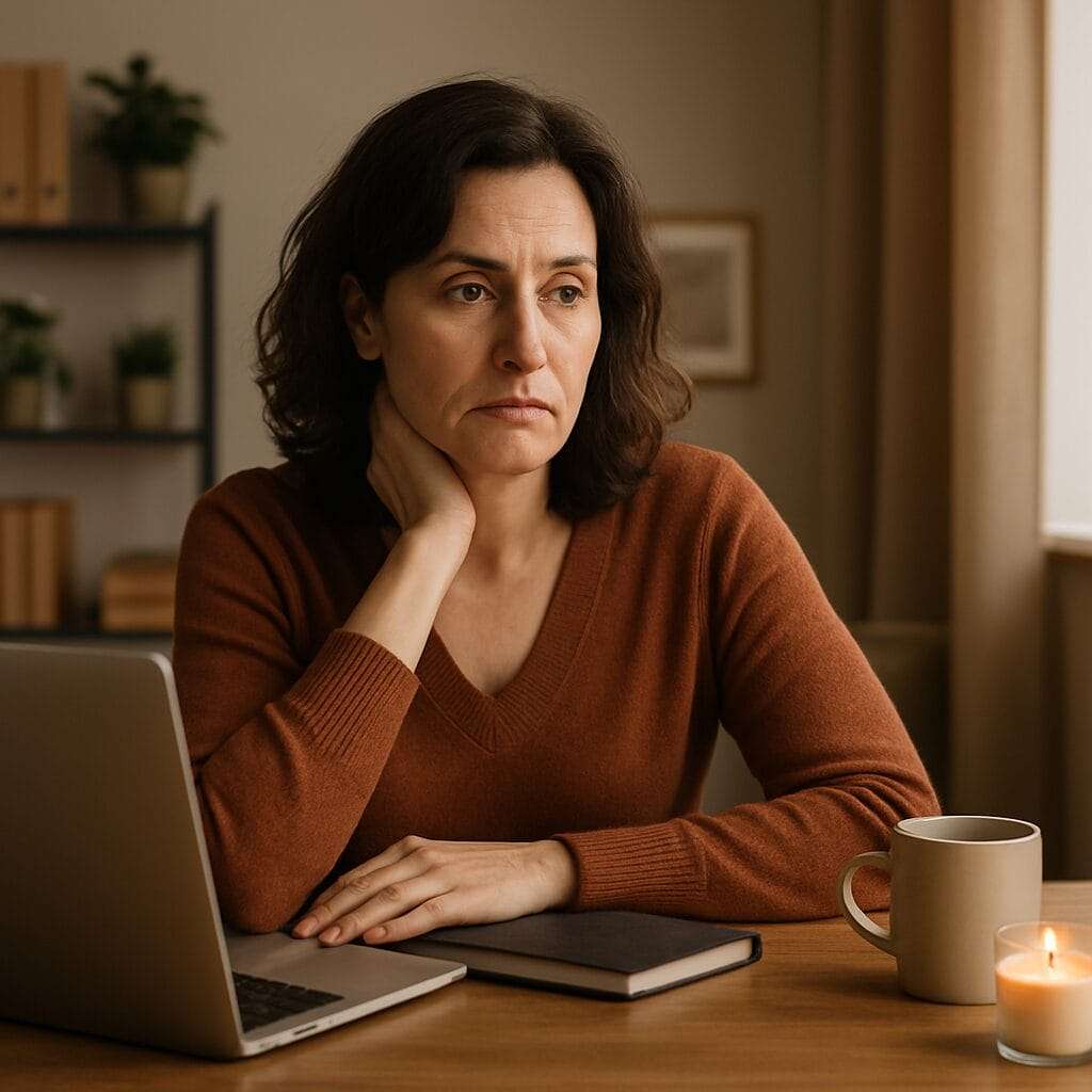 Midlife woman at desk, looking emotionally tired, surrounded by a laptop, mug, and candlelight