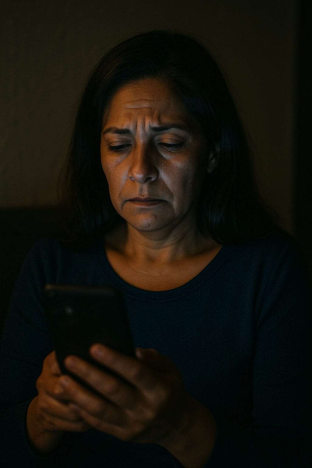 Hispanic woman in her mid 40s in dark room scrolling phone at night, face weary, blue light illuminating tired eyes