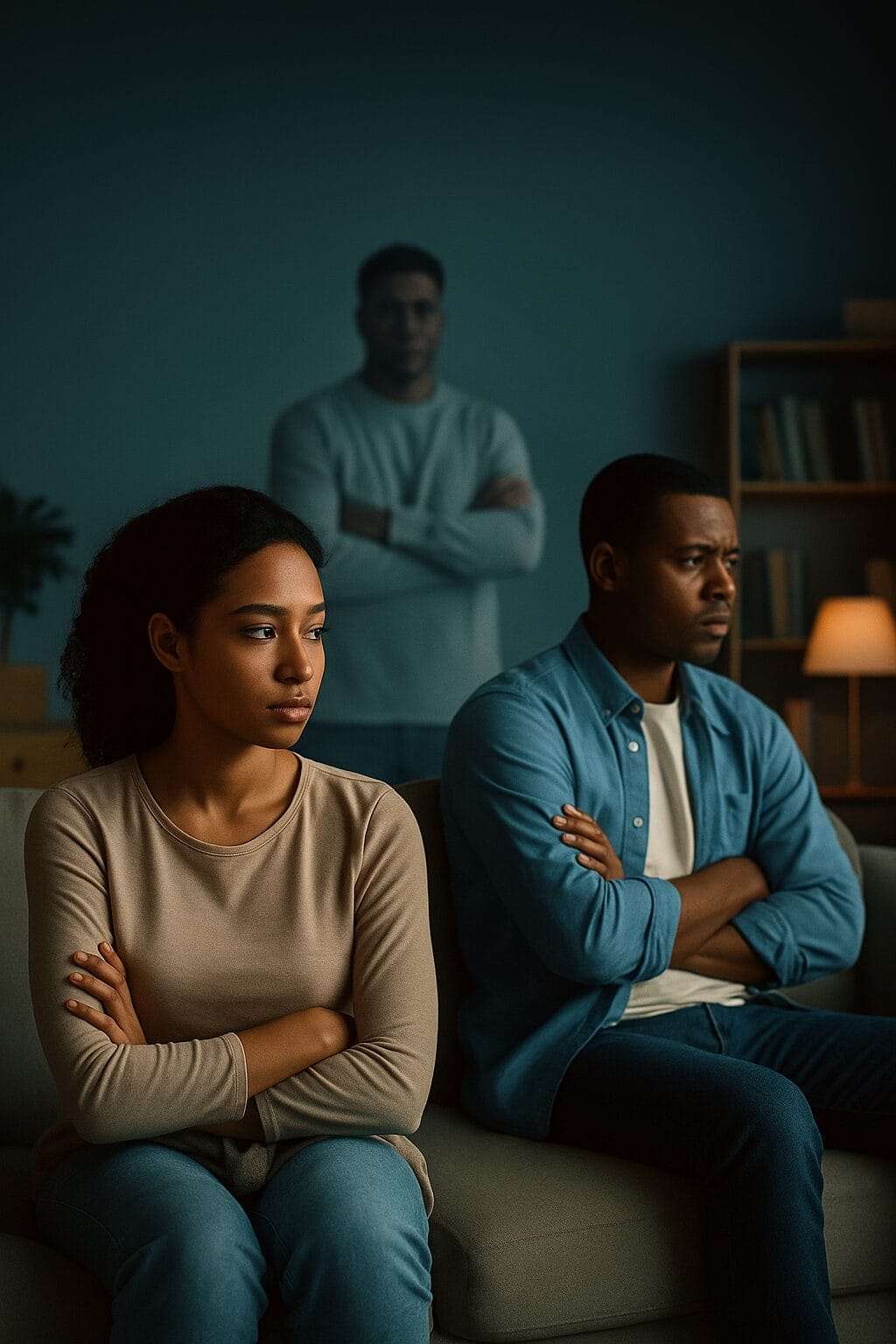 A young Black couple sits side by side, arms crossed in tension, with a ghostly male figure looming in the background—symbolizing how unresolved parental dynamics resurface in adult relationships.