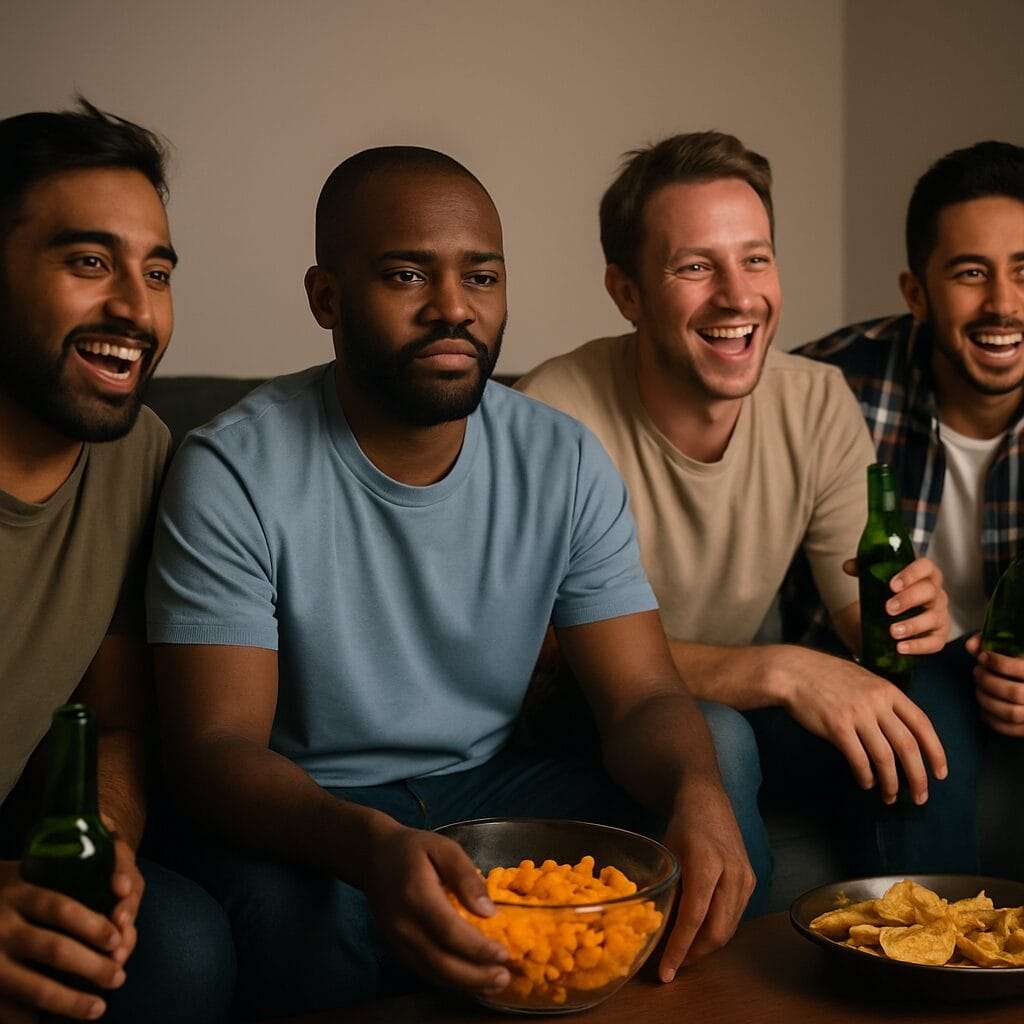Man emotionally detached during hangout with friends.