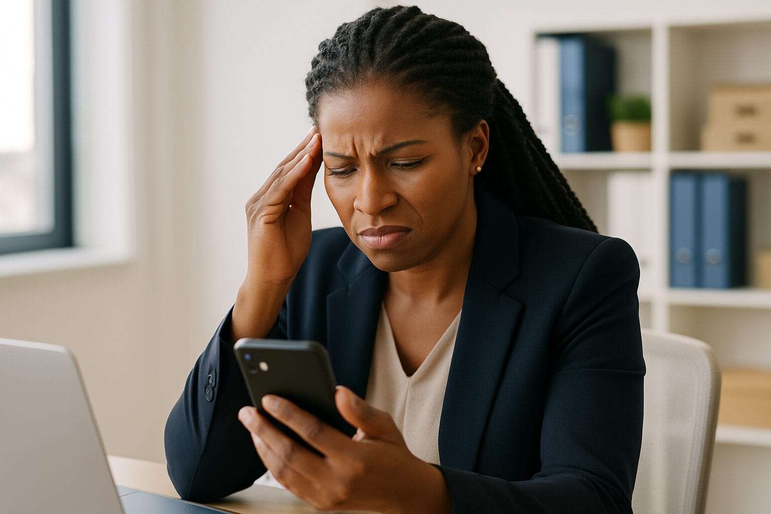 Frustrated businesswoman reading her phone at a desk, hand to her forehead in stress