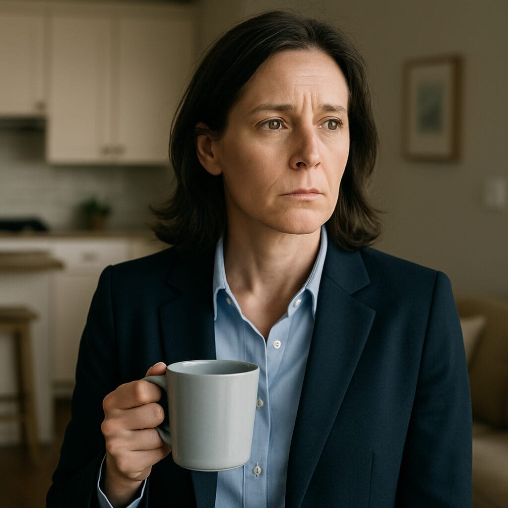 High-functioning adult standing alone at home in work clothes, looking emotionally checked out