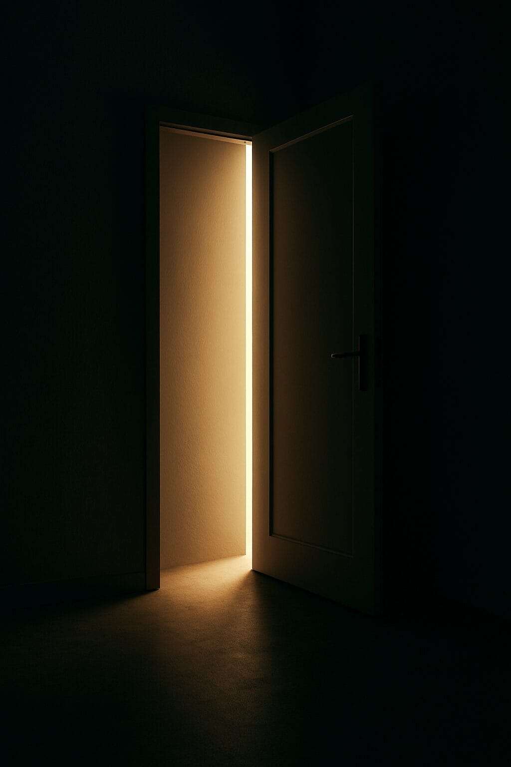 Simple open door with bright light flooding into a dark room, symbolizing stepping into truth beyond a fake brand front.