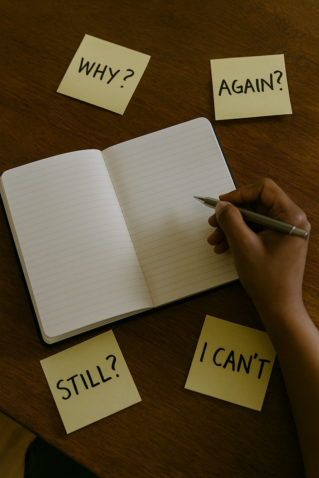 A top-down photo of a journal surrounded by sticky notes with intense words like "Why?", "Still?", and "I CAN'T", with a hand hesitating to write.