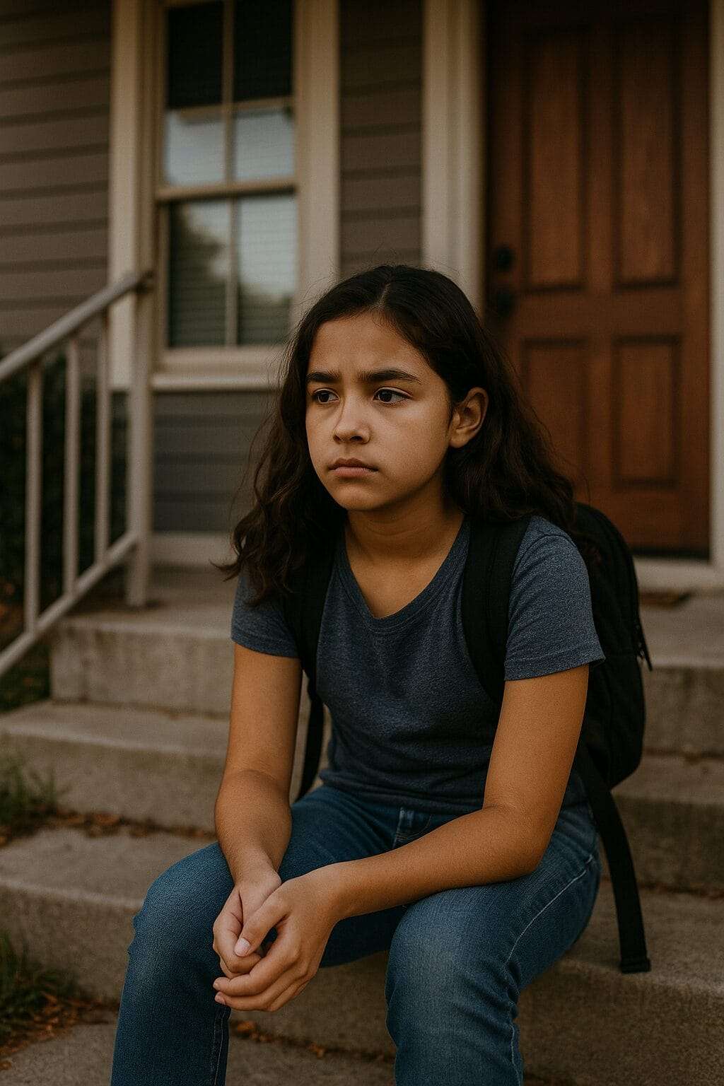 Young Latina girl sitting alone on front steps with a backpack, looking serious and contemplative
