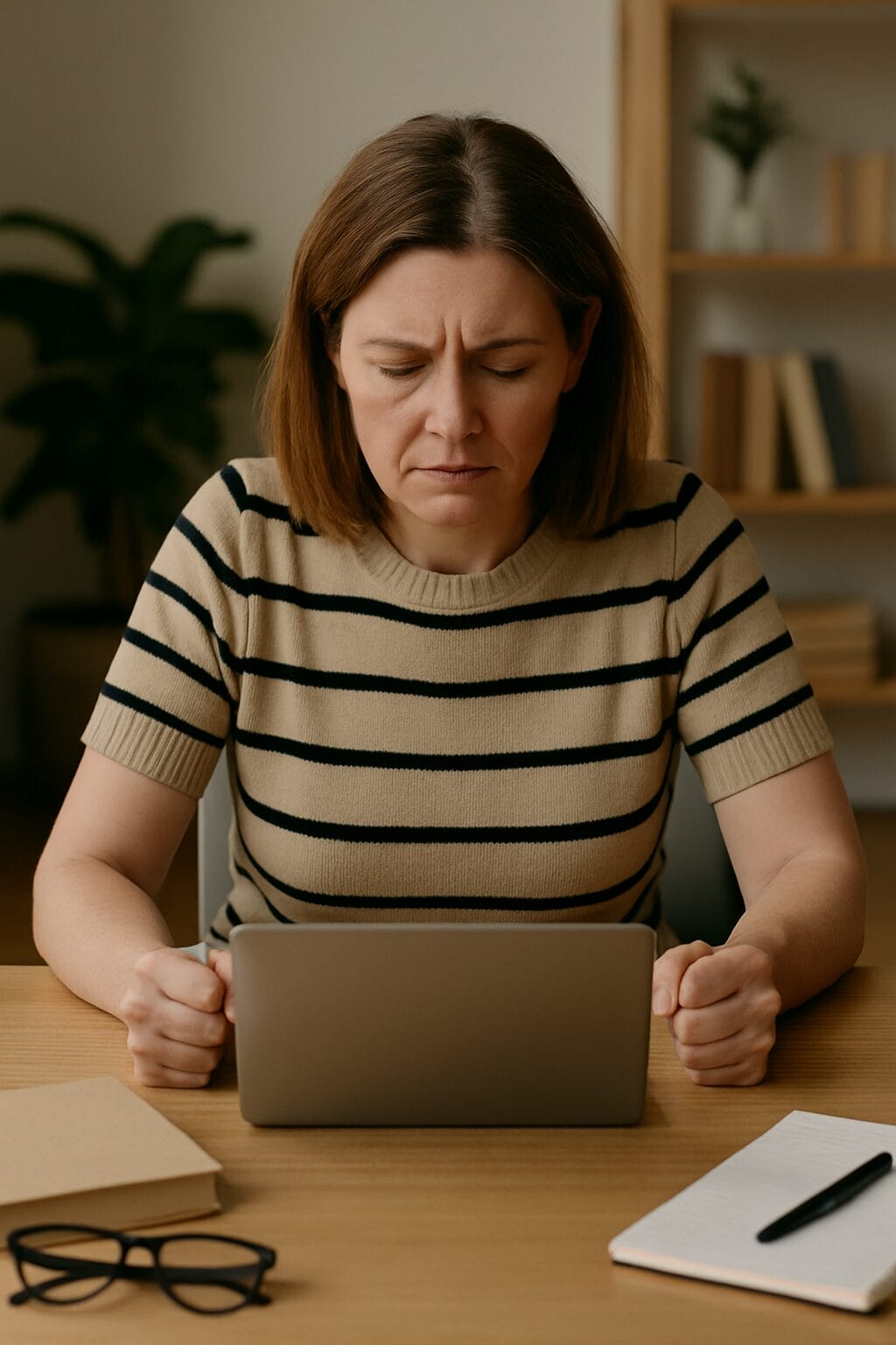 A woman in her 40s sits at a neat desk with clenched fists on either side of a laptop, wearing a striped sweater and appearing tense and emotionally strained, symbolizing the pressure of holding it all together during high-functioning recovery.