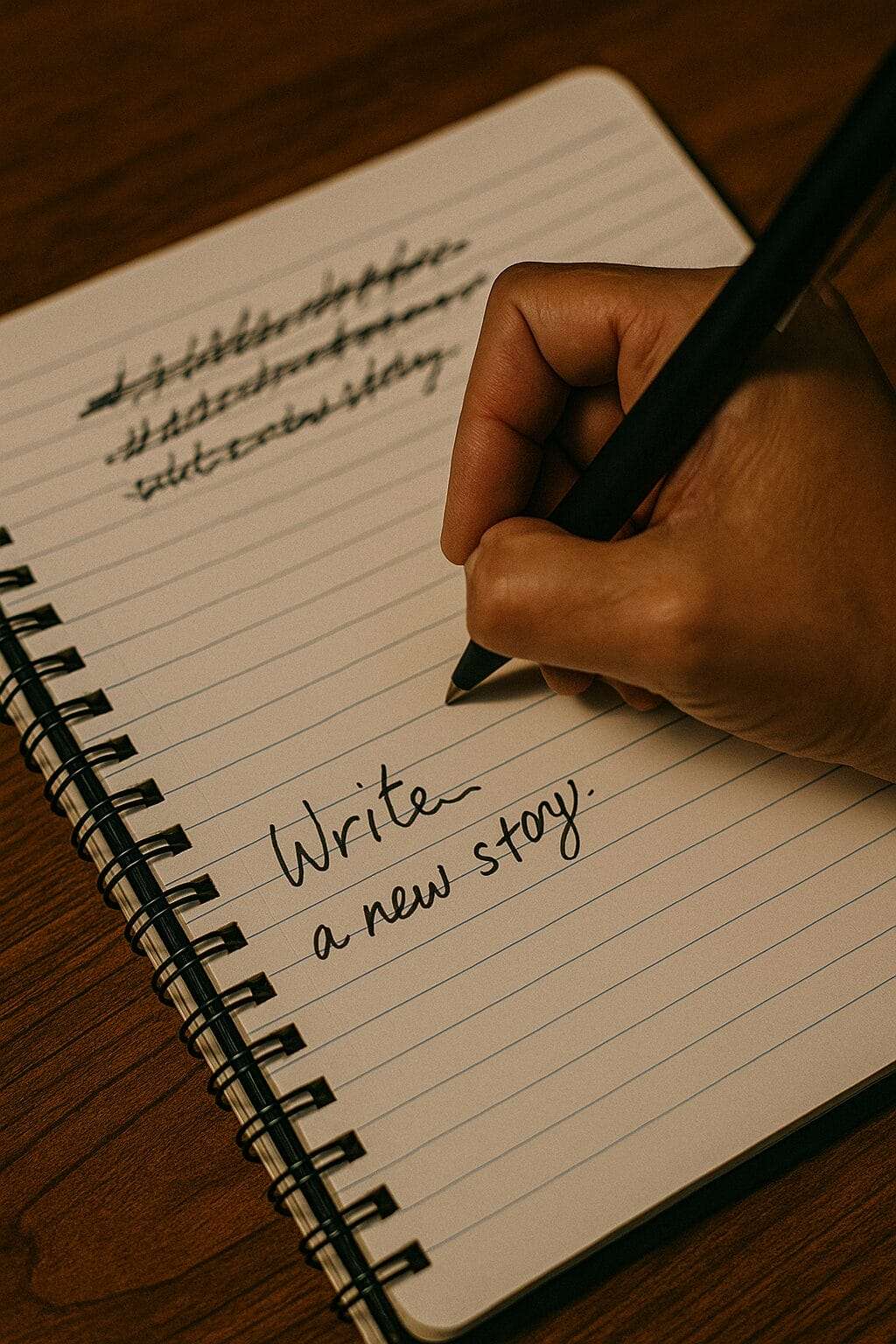 Close-up of hand crossing out old lines in a notebook and writing new words on fresh page, symbolizing breaking an old life script.