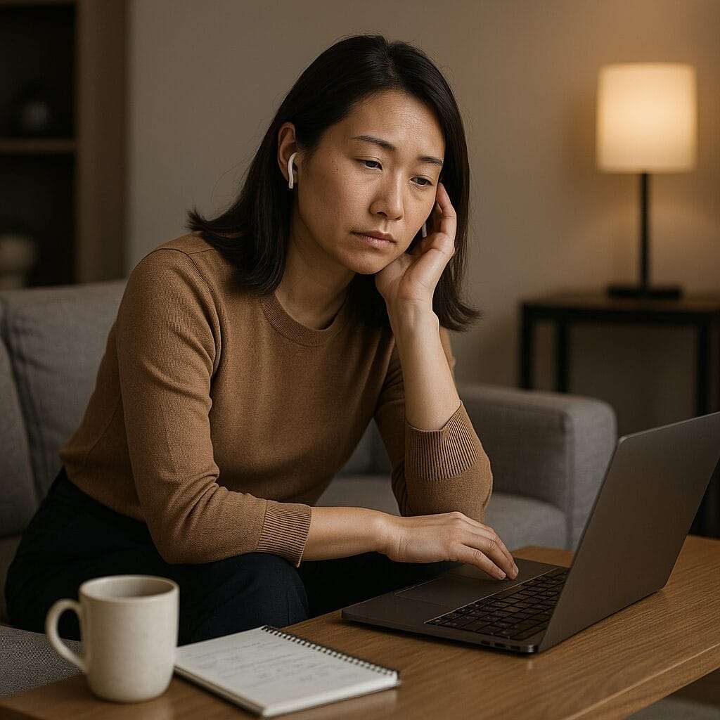 Mid-30s Asian woman sitting alone with earbuds, listening to a success podcast but looking unsatisfied, surrounded by work and subtle signs of achievement.