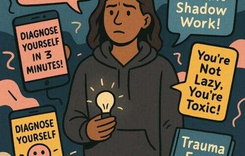 A cartoon-style woman in her 30s holding a glowing lightbulb, surrounded by exaggerated pop psychology messages like “Take our quiz!” and “Diagnose yourself in 3 minutes.” The image highlights the confusion and overwhelm of self-help culture.