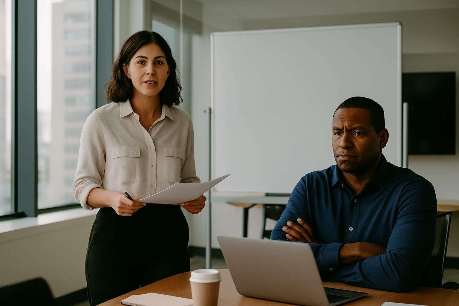 man looking envious in a while woman gives presentation