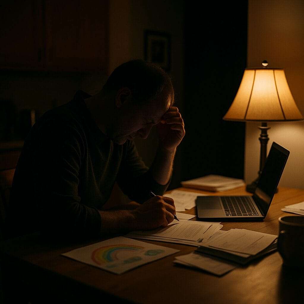 an working alone at kitchen table late at night, symbolizing the isolation of the provider trap.