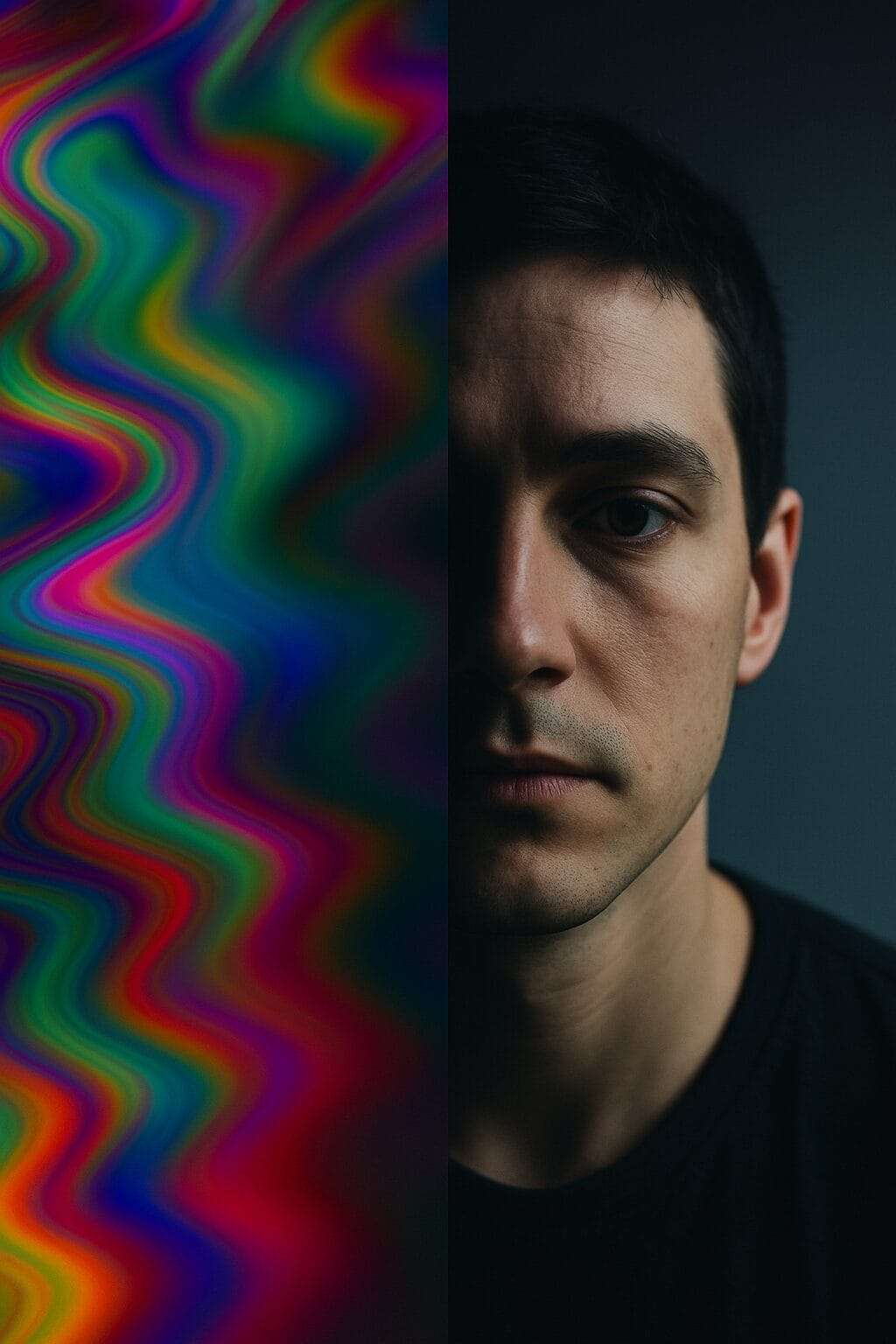 A split image showing a swirl of psychedelic colors fading into the face of a reflective person in soft shadow, symbolizing the contrast between psychedelic insight and grounded emotional reality.