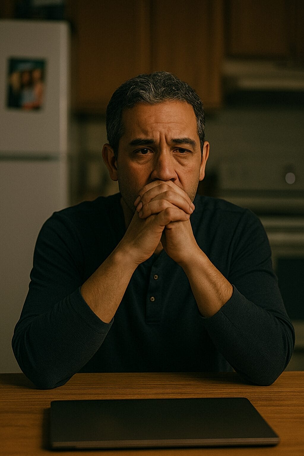 Middle-aged man with clasped hands sits at a kitchen table in low light, appearing thoughtful and burdened.