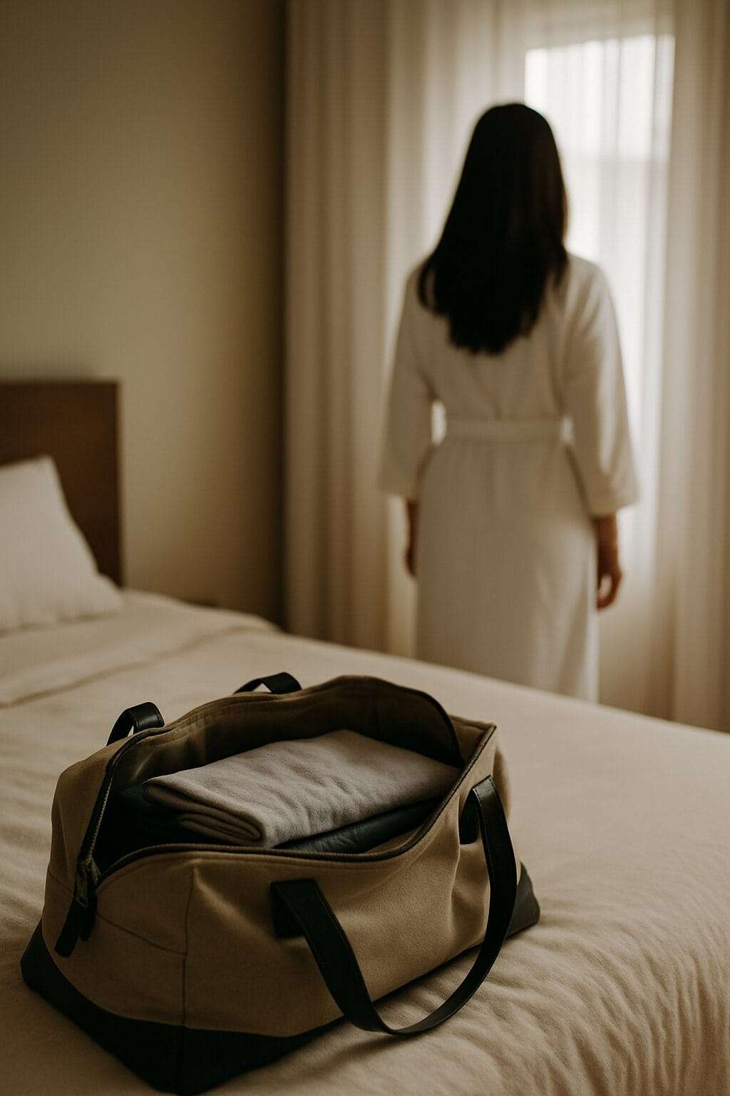A neatly packed duffel bag on a bed with a woman in a white robe standing by a sunlit window, seen from behind