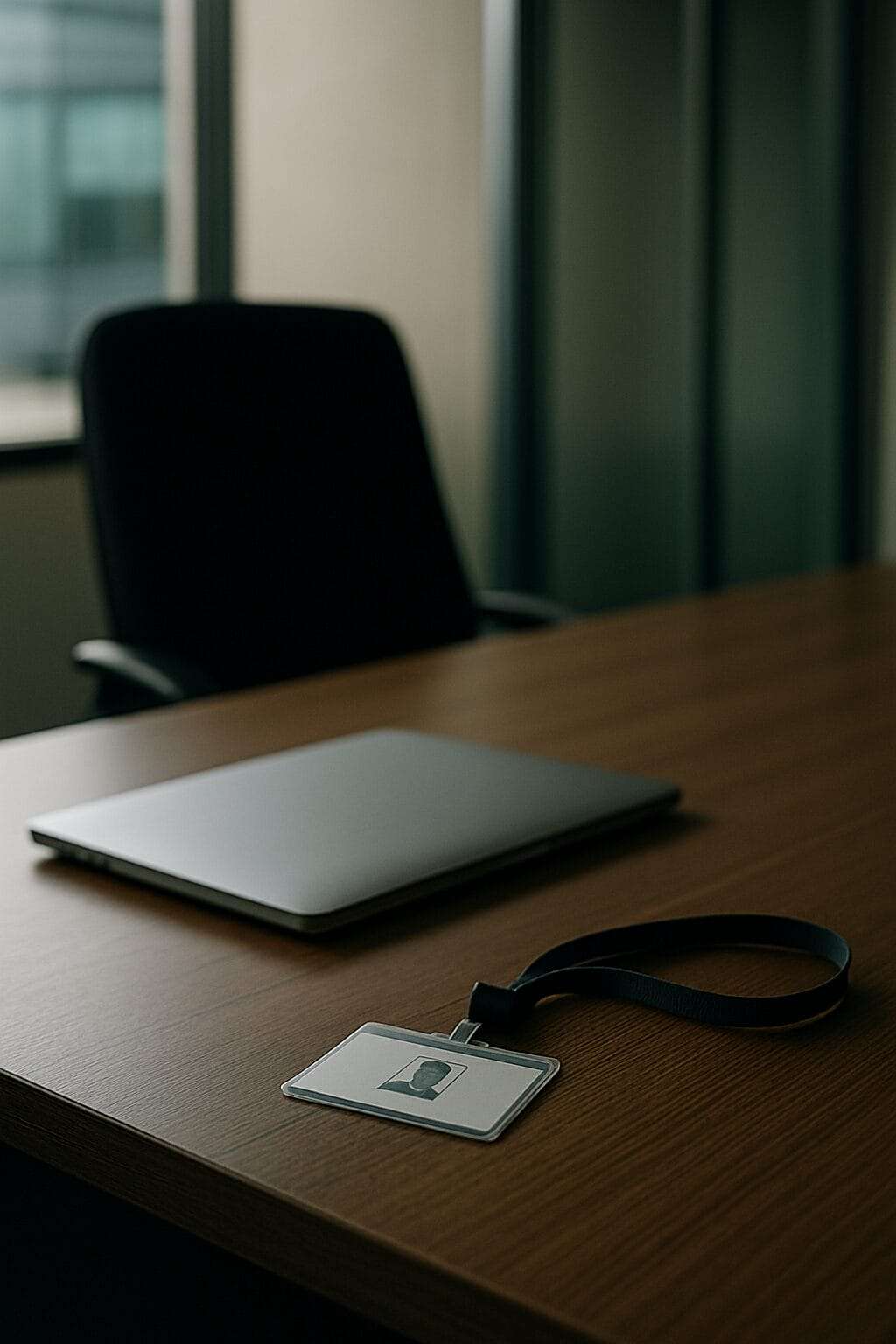 Desk with a closed laptop, company badge left behind. Empty chair slightly pulled out. The story of a clean, quiet exit.