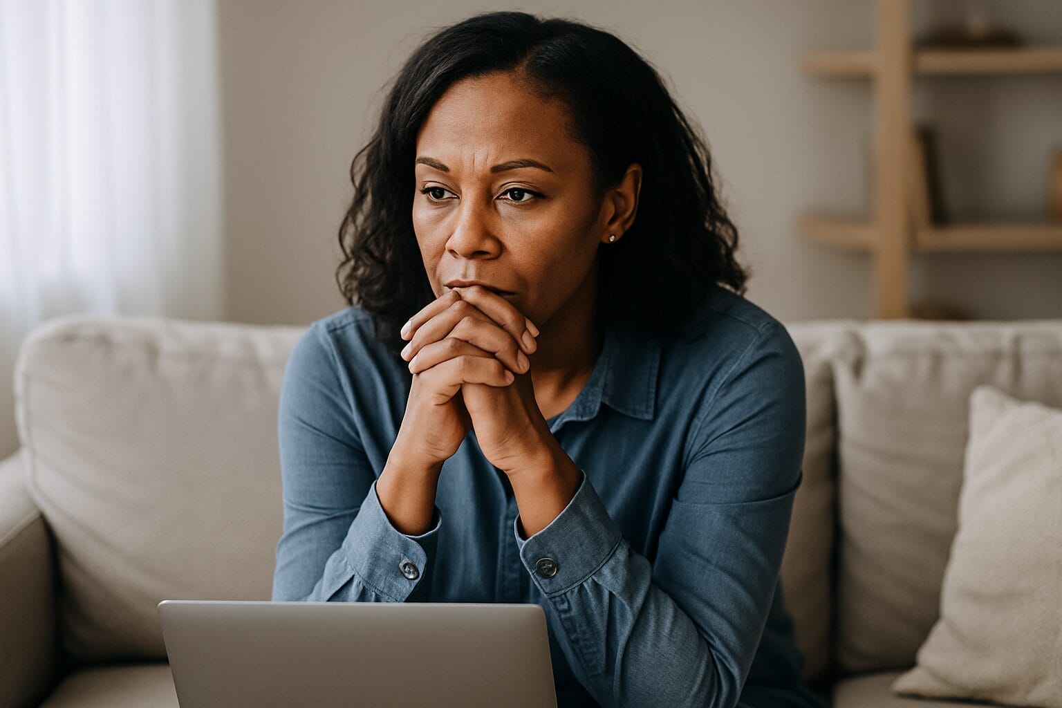 black woman with laptop open sitting in concentrated thought