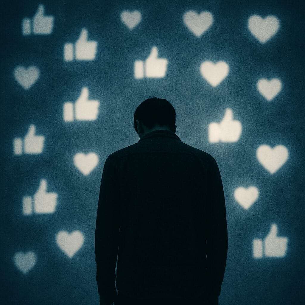 Person standing alone in front of a giant wall of blurry social media likes and hearts, symbolizing audience fatigue and shallow praise.