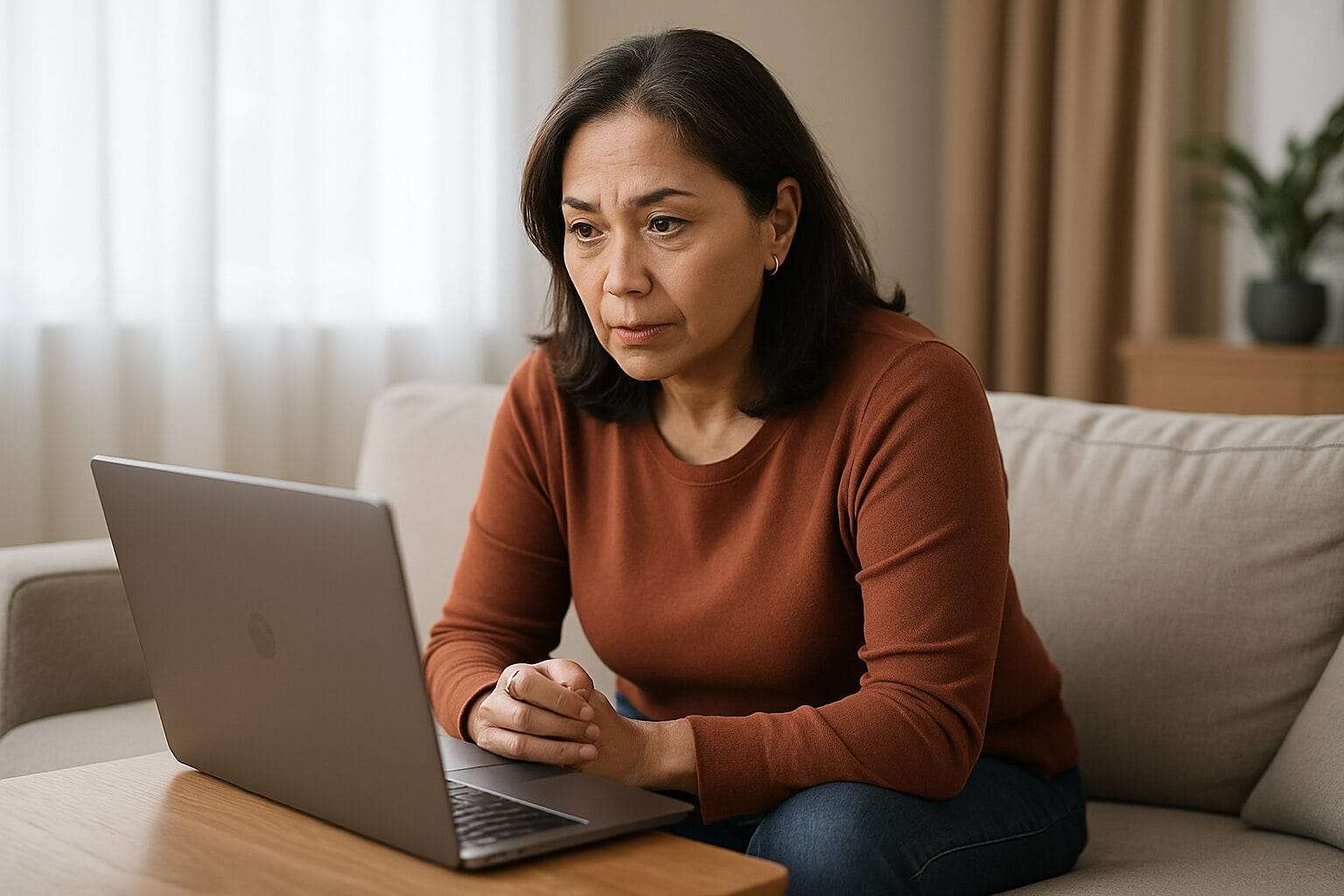 Middle-aged Latina woman sitting on a beige couch, leaning forward with a serious face, laptop open in front of her