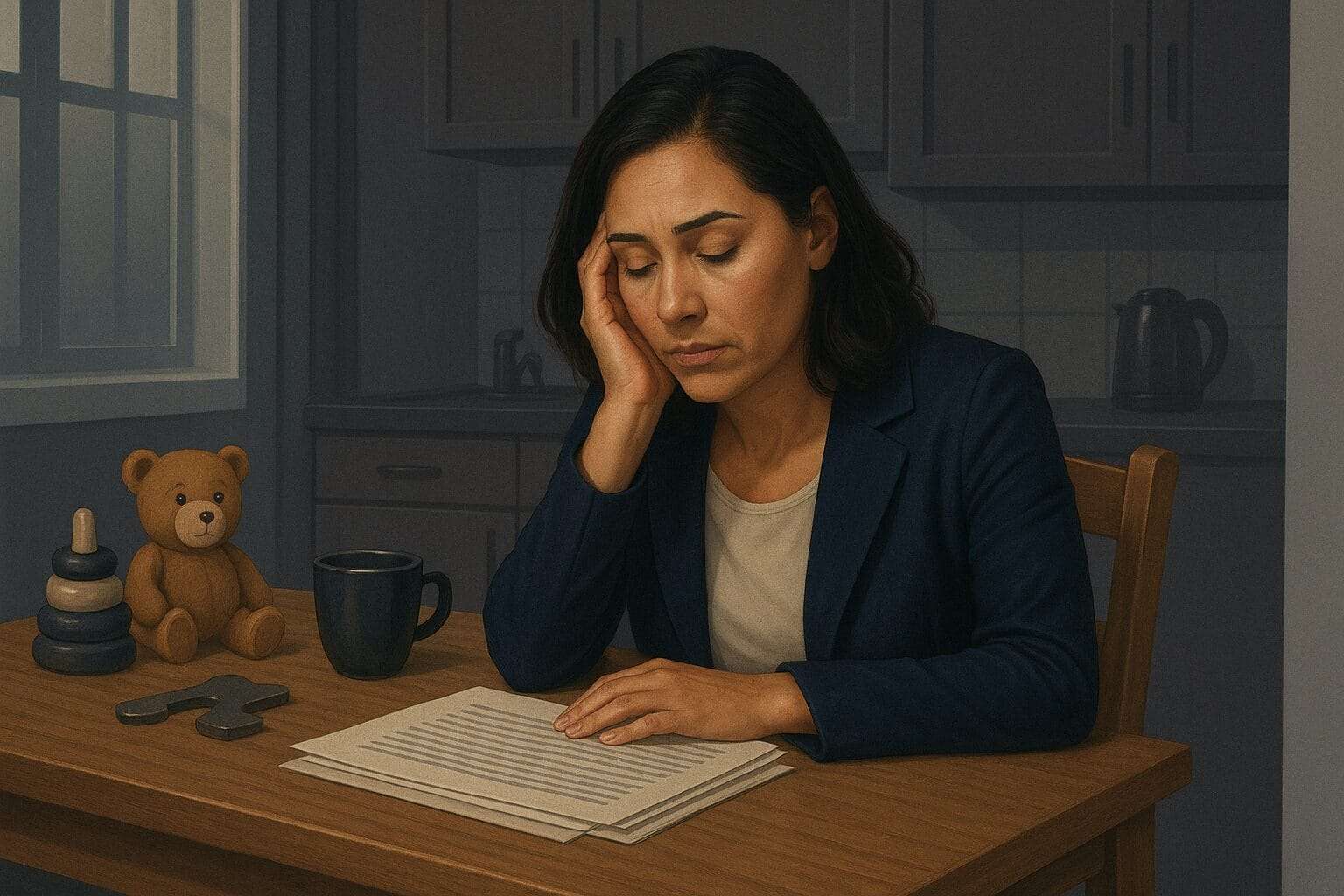 A tired woman in business clothes sits at a kitchen table with her head resting on her hand, surrounded by papers and toys, symbolizing emotional exhaustion.