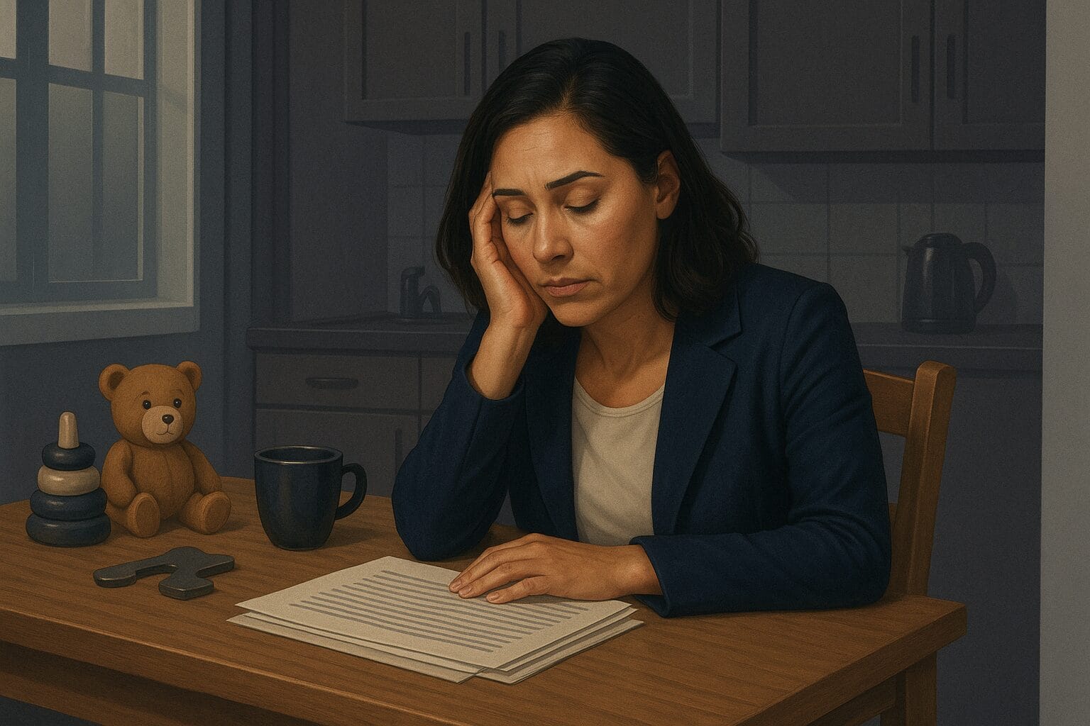 A tired woman in business clothes sits at a kitchen table with her head resting on her hand, surrounded by papers and toys, symbolizing emotional exhaustion.