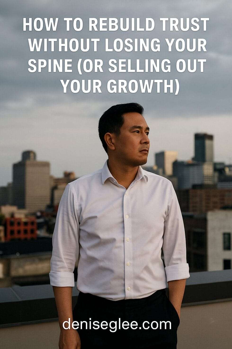 Asian man in his 40s standing on a rooftop at dusk, sleeves rolled up, reflecting quietly against a city skyline—symbolizing personal strength and readiness to rebuild trust without losing himself