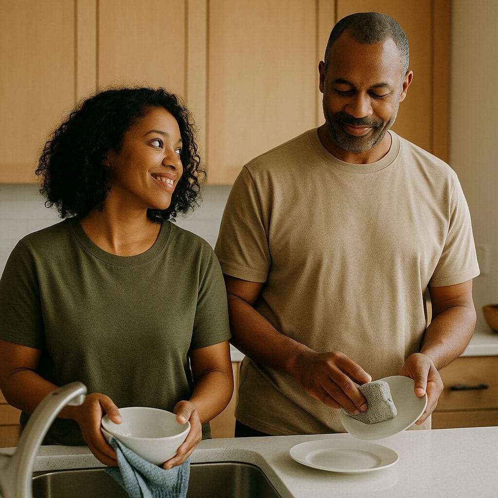 A smiling couple washes dishes together in a bright kitchen, sharing a quiet, warm moment that reflects intimacy rebuilt through everyday connection.