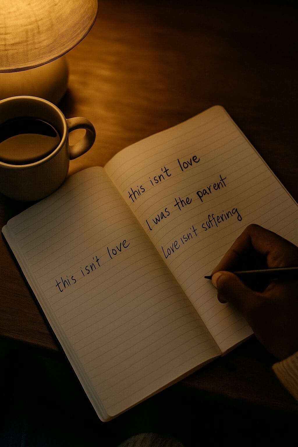 A hand writes in a journal under warm lamplight, with visible phrases including “this isn’t love,” “I was the parent,” and “love isn’t suffering,” beside a mug of tea in a quiet, reflective setting.